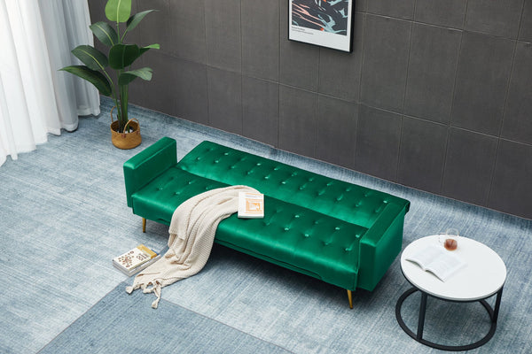 English Elm Sofa Bed Velvet Upholstered Convertible with Gold Metal Legs for Studio Spaces Green B205P246431