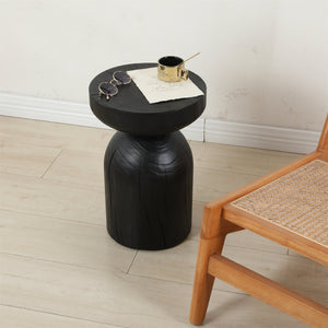 English Elm Solid Mango Wood Round Accent Table Hand Burned Finish Sculptural Plant Stand Nightstand W347P430101