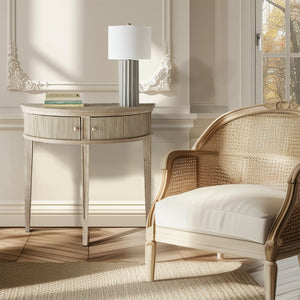 JLA Home Martha Stewart - Storage Demilune Console Table 36"W Antique Reclaimed Wood Veneer, Fluted Doors & Polished Gold Knobs MT120-1193