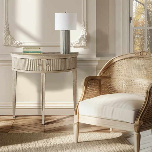 JLA Home Martha Stewart - Storage Demilune Console Table 36"W Antique Reclaimed Wood Veneer, Fluted Doors & Polished Gold Knobs MT120-1193