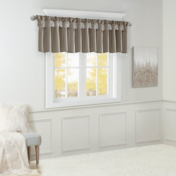 JLA Home Madison Park - Lightweight Faux Silk Valance with Beaded Trim, Lined Twist-Tab Top for Privacy and Elegant Draping Pewter MP41-4452