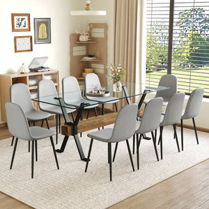 English Elm Table Set With 10 Light Gray Linen Chairs – Modern Glass Top & Durable Metal Frame For Dining Rooms W1151S03606-GIGA