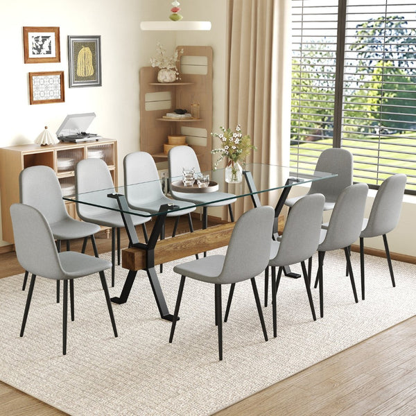 English Elm Table Set With 10 Light Gray Linen Chairs – Modern Glass Top & Durable Metal Frame For Dining Rooms W1151S03606-GIGA