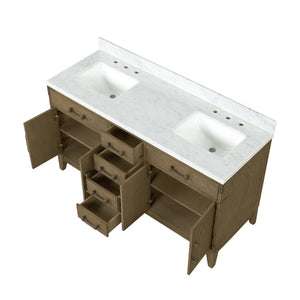 English Elm Grey Oak Double Bath Vanity With Elegant Carrara Marble Top For Modern Bathroom Storage Solutions B2731P259853