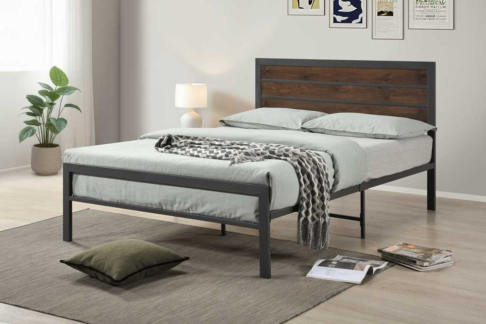 English Elm Modern Industrial Twin Platform Bed Steel Frame Powder Coated with Storage Clearance Brown B2771P498513