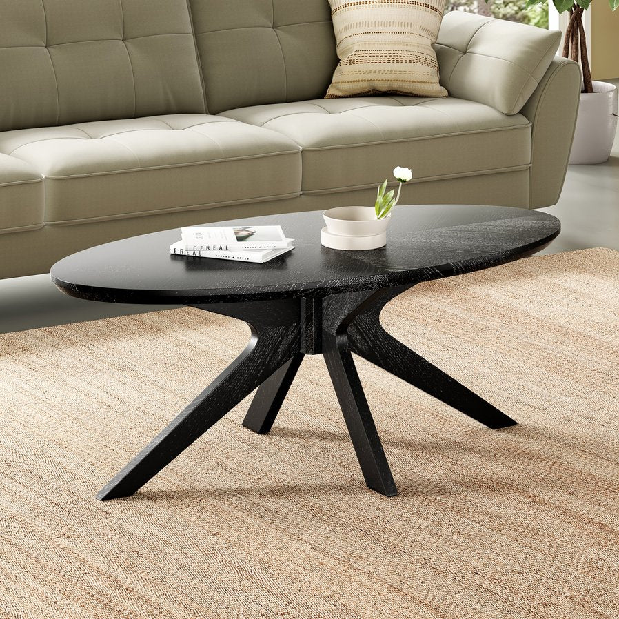 English Elm Office 47" Coffee Table Oval Black Wood Top with X-Frame Poplar Legs — Stable, Spacious, Easy Assembly T3623P409188