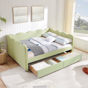 English Elm Full Size Gingham Linen Daybed with Wave Backrest Trundle and Usb Charging Port Green W1413S00147