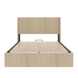 English Elm A Queen Oak Platform Bed with Lift Storage Grooved Panels and Hydraulic Base W1858P390003