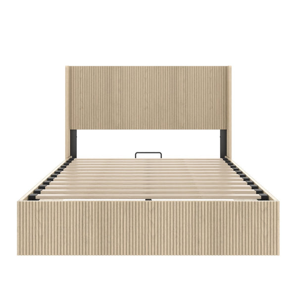 English Elm A Queen Oak Platform Bed with Lift Storage Grooved Panels and Hydraulic Base W1858P390003