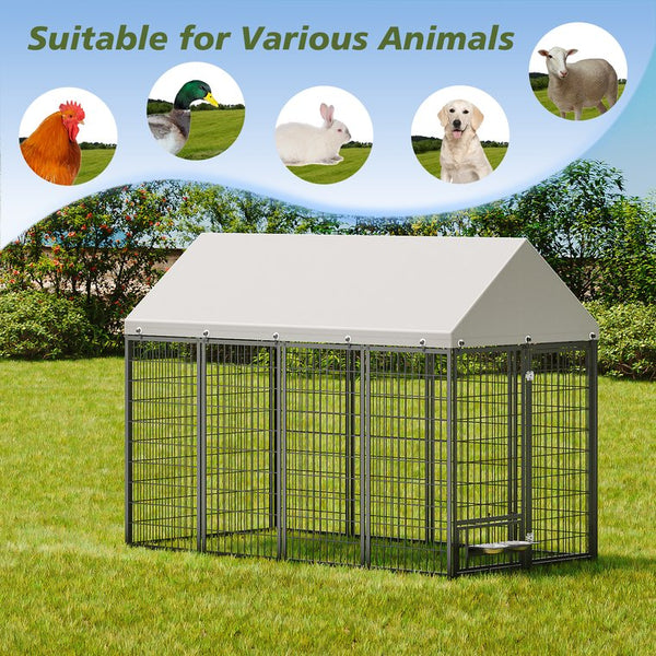 English Elm Large Metal Outdoor Dog Kennel Walk-in Pet Enclosure with Uv-resistant Roof Cover W1820P350994
