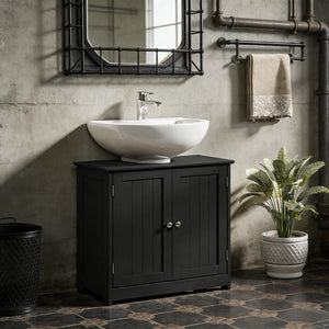 English Elm Bathroom Pedestal Sink Surround Cabinet Matte Black Mdf Double Door Storage T3971P440234