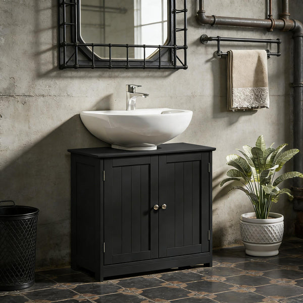 English Elm Bathroom Pedestal Sink Surround Cabinet Matte Black Mdf Double Door Storage T3971P440234