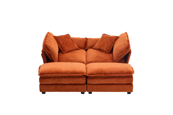 English Elm Corduroy Plush 2-Seat Sofa with 2 Back Cushions, Toss Pillows & Ottomans — Deep Seat Comfort Orange W2363S00066