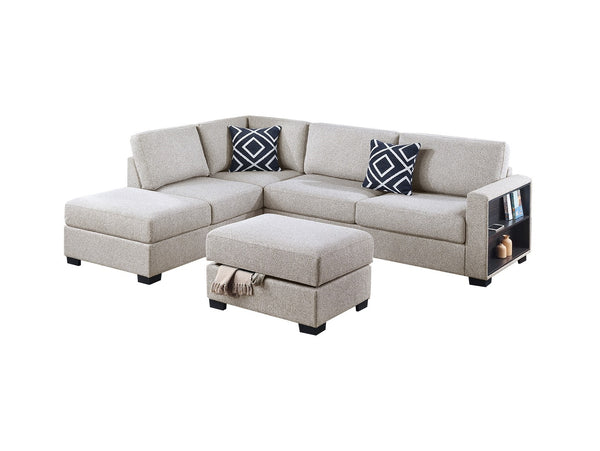 English Elm 3-Piece Boucle Sectional Sofa with Reversible Chaise, Built-In Shelf & Storage Ottoman for Living Rooms Beige 34 L x 26 W x 46 H B011S01778
