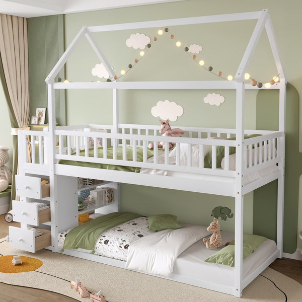 English Elm Twin/twin House Bunk Bed Solid Pine Playhouse Frame with Storage Drawers Shelves White W697S00032