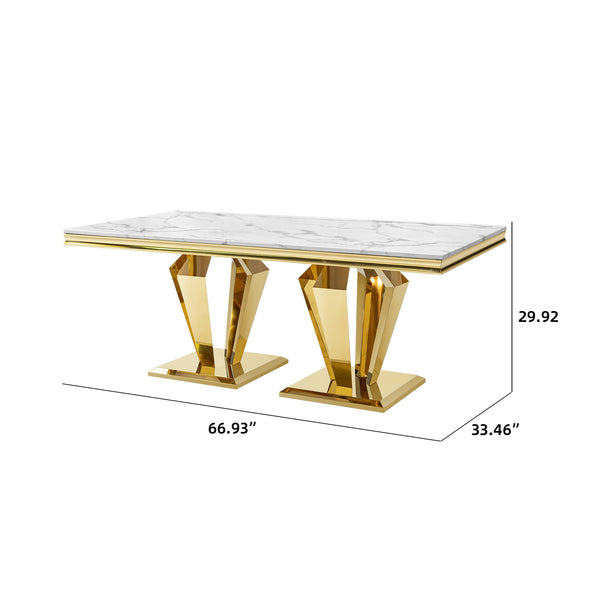 English Elm Luxury Gold Pvd Steel Rectangular Dining Table with Black Tempered Glass Seats Six Black+Gold W2723S00087