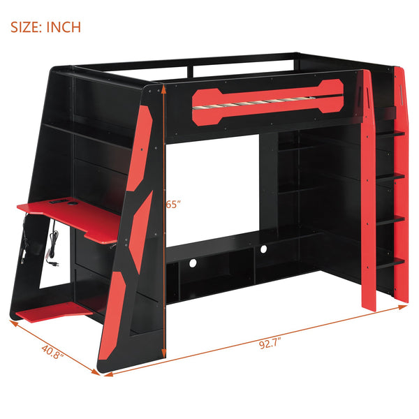 English Elm Twin Gaming Loft Bed with Desk Rgb Lighting and Multi-tier Shelves for Teen Rooms Red LT000160AAR