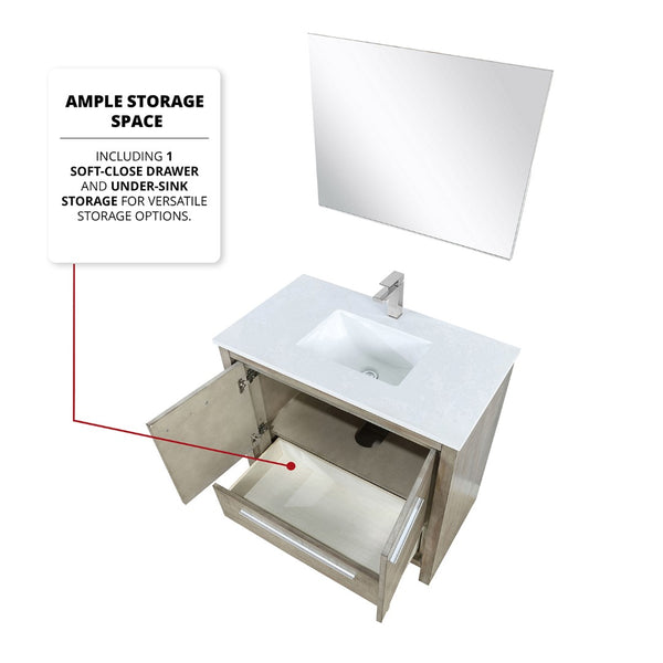English Elm Rustic Acacia Bath Vanity 36" W With White Quartz Top, Brushed Nickel Faucet & 28" Mirror Set B2731S01947-GIGA