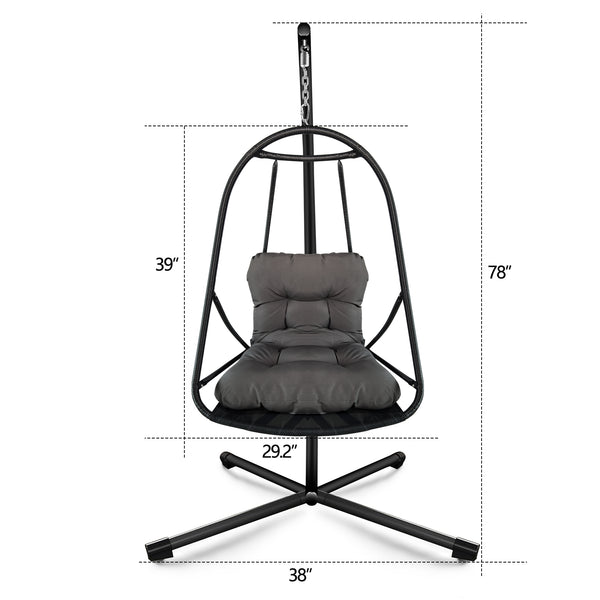 English Elm Swing Egg Chair with Stand - Foldable Rattan Hanging Basket Seat, Cushioned Comfort, Cup Holder Black W2707P388616