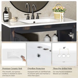 English Elm 36" Bathroom Vanity Organizer with Ceramic Sink, Solid Wood Distressed Finish, Hand-Painted Charm and Ample Storage Espresso N729P255666P