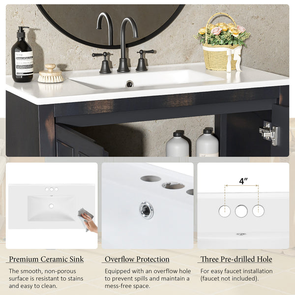 English Elm 36" Bathroom Vanity Organizer with Ceramic Sink, Solid Wood Distressed Finish, Hand-Painted Charm and Ample Storage Espresso N729P255666P
