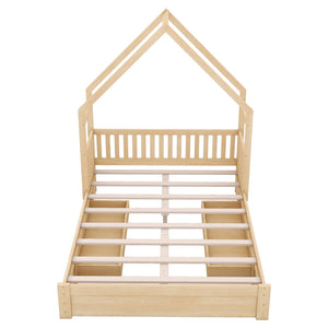 English Elm Wood Queen Size House Platform Bed with Guardrail and 2 Drawers — Charming Kids’ Playful Storage Bedframe Natural GX000726AAN
