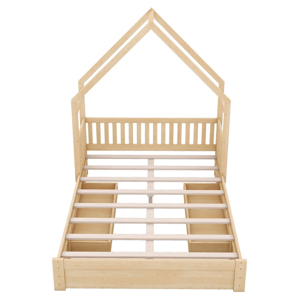 English Elm Wood Queen Size House Platform Bed with Guardrail and 2 Drawers — Charming Kids’ Playful Storage Bedframe Natural GX000726AAN