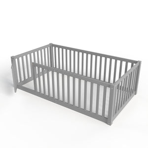 English Elm Twin Floor Bed Pine Wood Frame with Guardrails and Door for Safe Toddler Sleep Gray W1580P418051