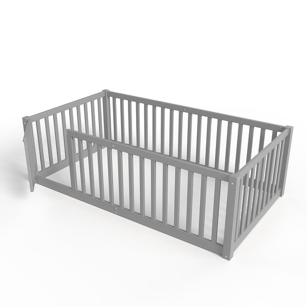 English Elm Twin Floor Bed Pine Wood Frame with Guardrails and Door for Safe Toddler Sleep Gray W1580P418051