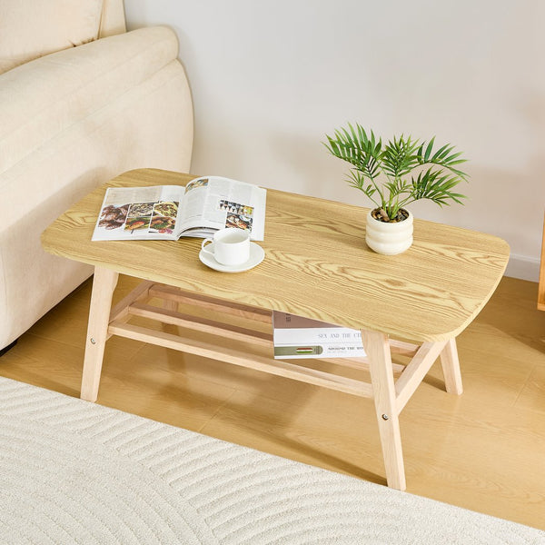 English Elm 39 Inch Solid Wood Coffee Table with Dual Open Shelves for Living Room Storage W2920P407664