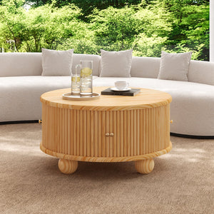 English Elm Round Fluted Pine Wood Coffee Table with Hidden Sliding Door Storage for Living Room Natural N735P369879N
