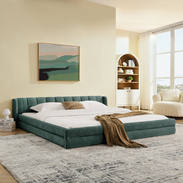 English Elm King Platform Bed Full Chenille Upholstery Low Profile Frame for Modern Bedroom Blue+Green W487S00435