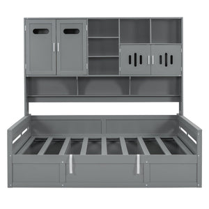 English Elm Full Size Wooden Daybed With Hydraulic Lift, Integrated Storage Cabinet & Shelves In Gray Finish N820S00047E