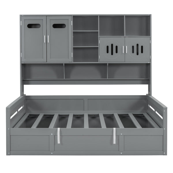 English Elm Full Size Wooden Daybed With Hydraulic Lift, Integrated Storage Cabinet & Shelves In Gray Finish N820S00047E