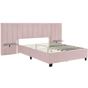 English Elm Queen Upholstered Platform Bed with Oversized Velvet Headboard, Built-In Shelves, Modern Comfort and Support for Relaxation Pink SF000138AAH