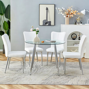 English Elm Table And Chair Set - Modern 38.6" Round Glass Dining Table With 4 Stylish White Pu Chairs, Silver Legs W1151S03822-GIGA