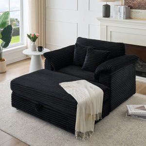 English Elm 47.24-inch corduroy armchair with storage ottoman and USB ports, spring seat, solid wood frame lounge Black W3356S00023