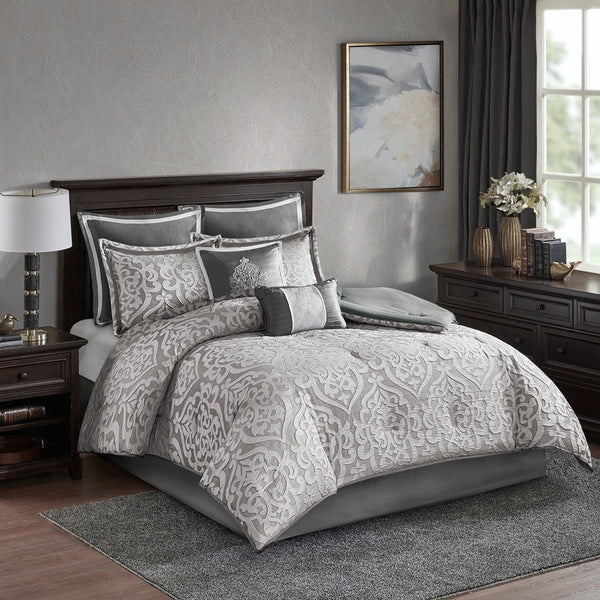 English Elm 8 Piece Jacquard Comforter Set In Elegant Silver - Cozy King Ensemble With Luxurious Decorative Pillows B035128887