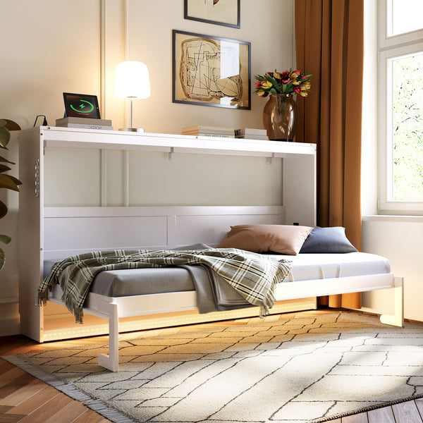 English Elm Twin-size Murphy Wall Bed with Led Lighting Usb Outlet and Decorative Printed Panel White LP000355AAK