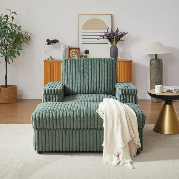 English Elm 42.5-inch corduroy single recliner with cup holder, storage ottoman, plush back pillow for lounging Green W834P375120