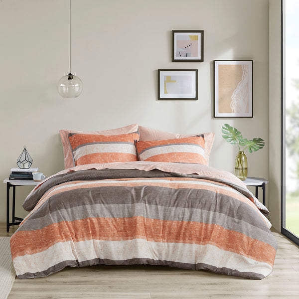 JLA Home Madison Park Essentials - Stripe Coastal Stripe Comforter & Sheet Set — Vibrant Coral, Aqua & White Stripes, Reversible Gray Backing, OEKO-TEX, Antimicrobial, Fits up to 14" Mattress 90 L x 90 W x 1.5H MPE10-1075