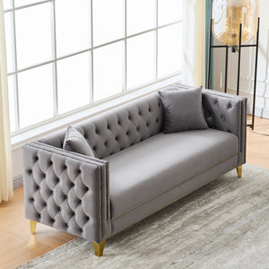 English Elm 80"Chesterfield Velvet Sofa with Tufted Buttons & Nailhead Trim, Deep-Seated 3-Seater, Solid Wood Frame Grey W3373S00027