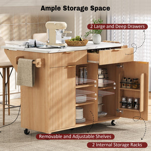 English Elm K&k Fluted Rolling Kitchen Island Faux Marble Top Power Outlet Drop Leaf Storage Natural N707S000019Y