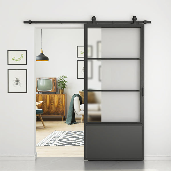 English Elm 30 in Matte Black Steel Sliding Barn Door Frosted Glass Privacy Panel with Hardware B2763P483214