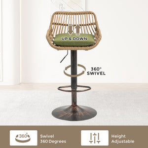 English Elm Modern Swivel Bar Stools Set of 2 Adjustable Counter Height Chairs with Linen Seat, Retro Rattan Back, 360° Rotation and Footrest, Vintage Gold Base, Durable Indoor/Outdoor Seating (Seat Height 25.6–33.9") Green W39594822