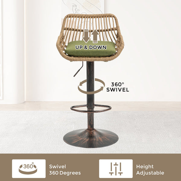 English Elm Modern Swivel Bar Stools Set of 2 Adjustable Counter Height Chairs with Linen Seat, Retro Rattan Back, 360° Rotation and Footrest, Vintage Gold Base, Durable Indoor/Outdoor Seating (Seat Height 25.6–33.9") Green W39594822