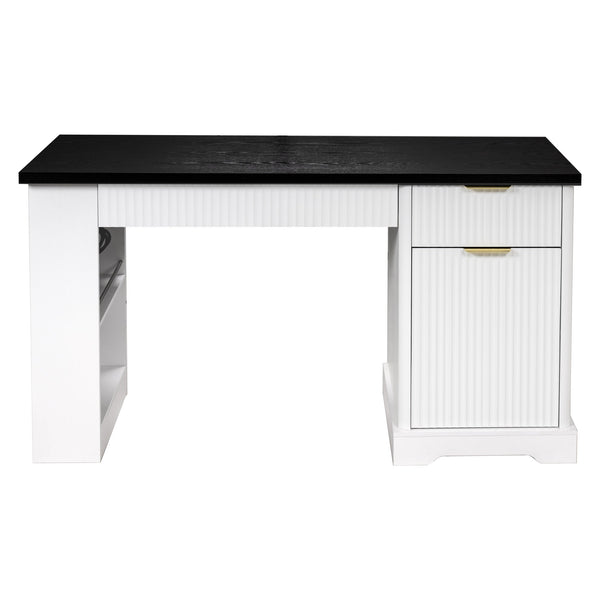 English Elm 55" Fluted White Computer Desk with Power Outlet Pegboard Cabinet and Keyboard Tray W2917P396008