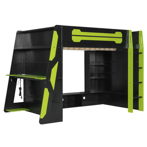 English Elm Full Size Wood Loft Bed with Rgb Lighting Desk Storage and Gaming Console Shelf Green LT000260AAG