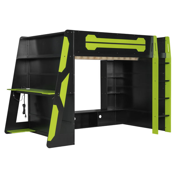 English Elm Full Size Wood Loft Bed with Rgb Lighting Desk Storage and Gaming Console Shelf Green LT000260AAG