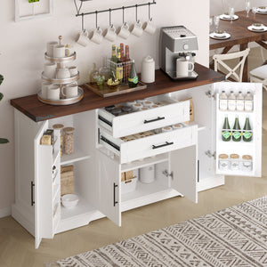 English Elm 63" Fluted Mdf Sideboard with Wood Tone Top Four Doors Three Drawers Dining Storage White W2917S00013
